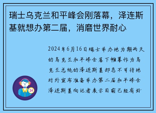 瑞士乌克兰和平峰会刚落幕，泽连斯基就想办第二届，消磨世界耐心